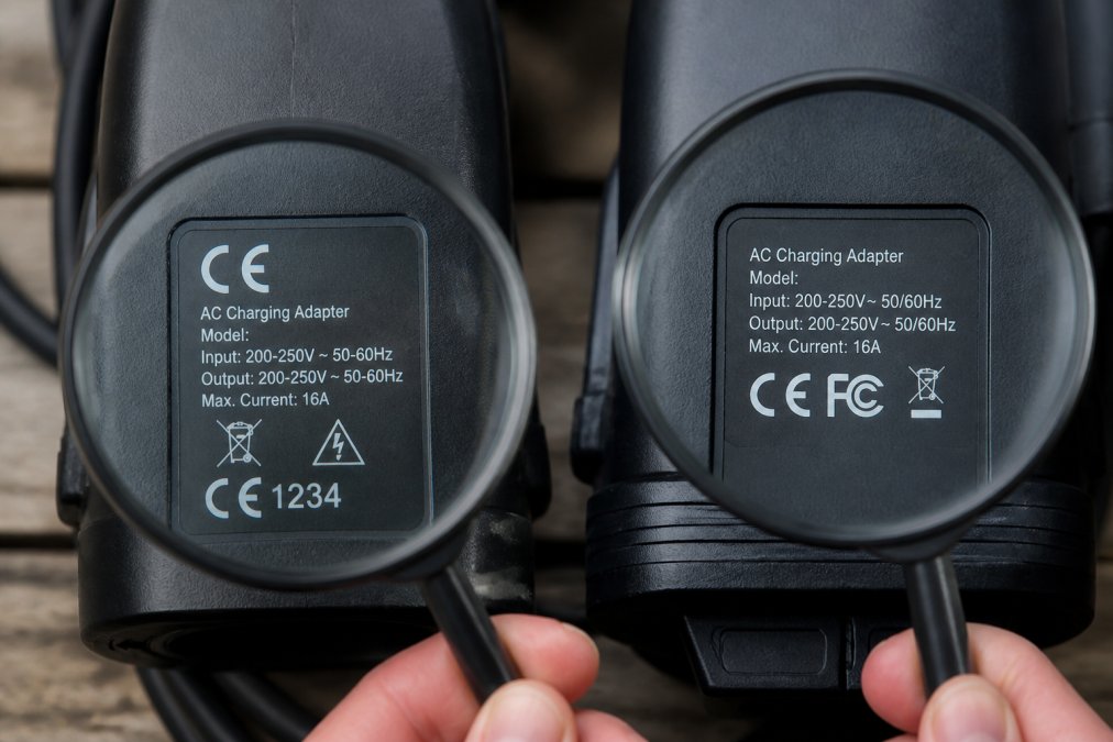 Nahaufnahme des originalen CE-Zeichens auf einem V2L-Adapter mit sichtbarem Code der Benannten Stelle (4-stellige Zahl), im Vergleich zu einem gefälschten Zeichen auf einem billigen Adapter, beides unter einer Lupe.
