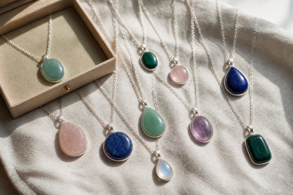 Mehrere Silberketten mit verschiedenen Edelstein-Anhängern, grüner Aventurin, blauer Lapislazuli und rosa Rosenquarz, liegen auf einem hellen Leinentuch neben einer geöffneten Schmuckschatulle, weiches Tageslicht von der Seite