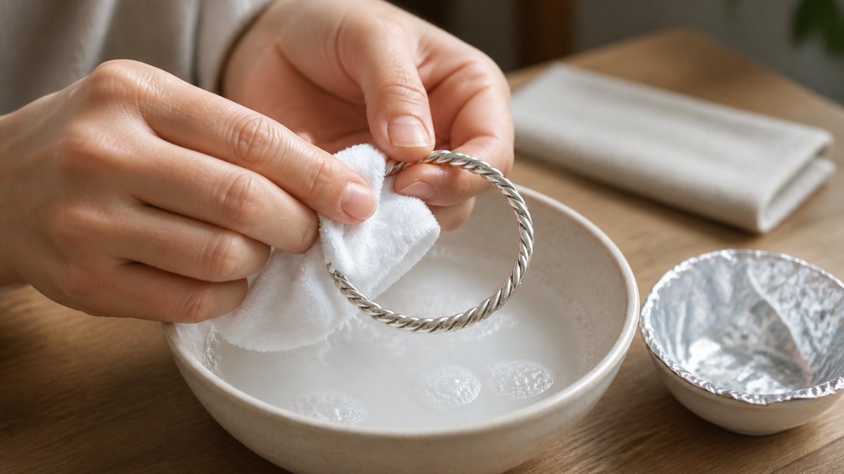 Close-up of hands gently polishing a silver bracelet with a soft white cloth over a small ceramic bowl containing white cleaning solution, showing careful step-by-step cleaning technique