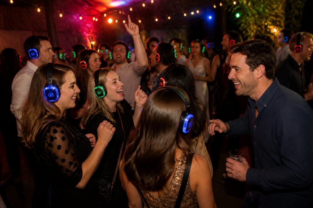 Een grote groep lachende gasten op een feest, allemaal met een silent disco koptelefoon op. Eén persoon zonder koptelefoon praat lachend met een glas in de hand, wat het contrast van de stille dansvloer laat zien. De sfeer is levendig met kleurrijke feestverlichting op de achtergrond