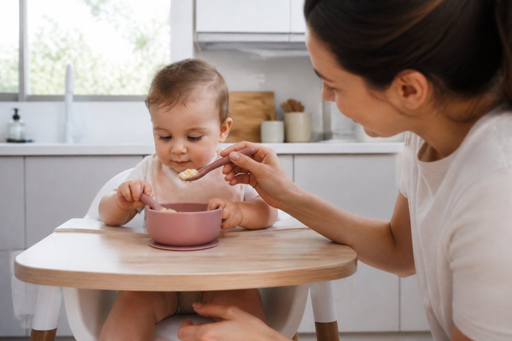 Parent feeding a baby with colourful silicone feeding utensils at a highchair, the child focused on the meal with the suction bowl firmly secured on the wooden tray, natural daylight from a kitchen window