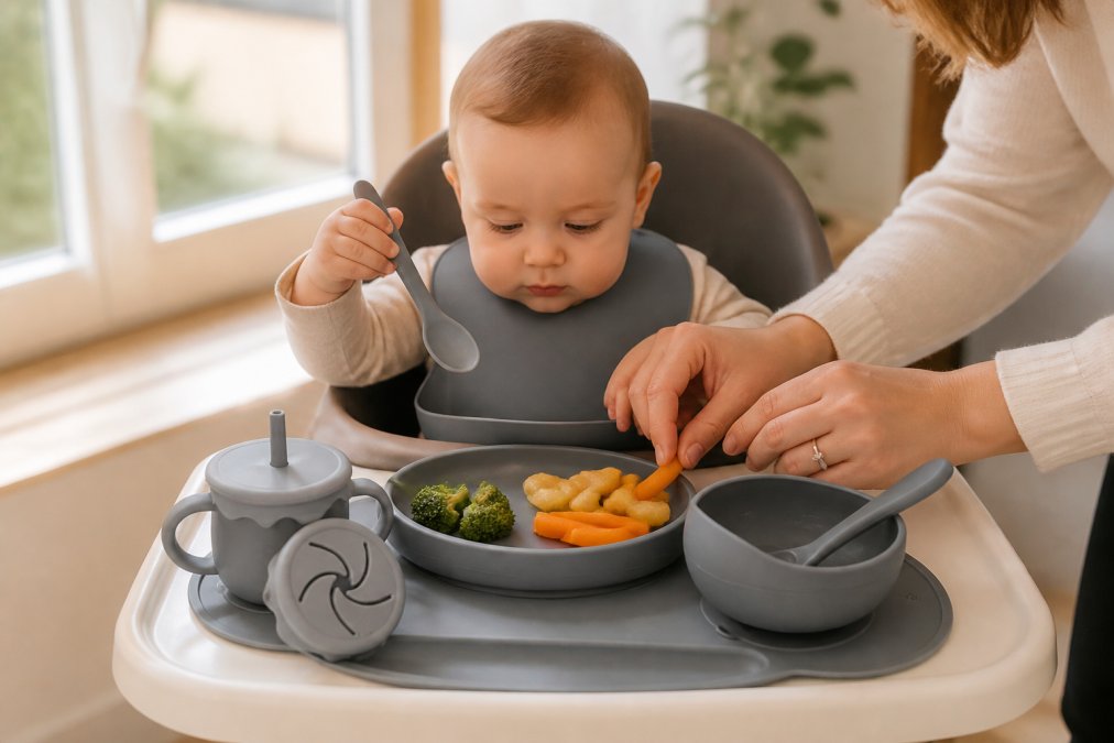 A baby sitting in a highchair with a silicone suction plate filled with soft foods, holding a flexible silicone spoon in one hand while a parent's hands gently guide the meal from the side, warm natural window lighting illuminating the scene
