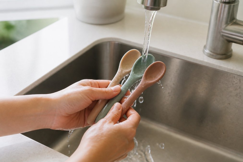Close-up of hands rinsing silicone baby spoons under warm running water in a kitchen sink, showing the soft flexible material and suction bowl with water droplets, natural daylight from window