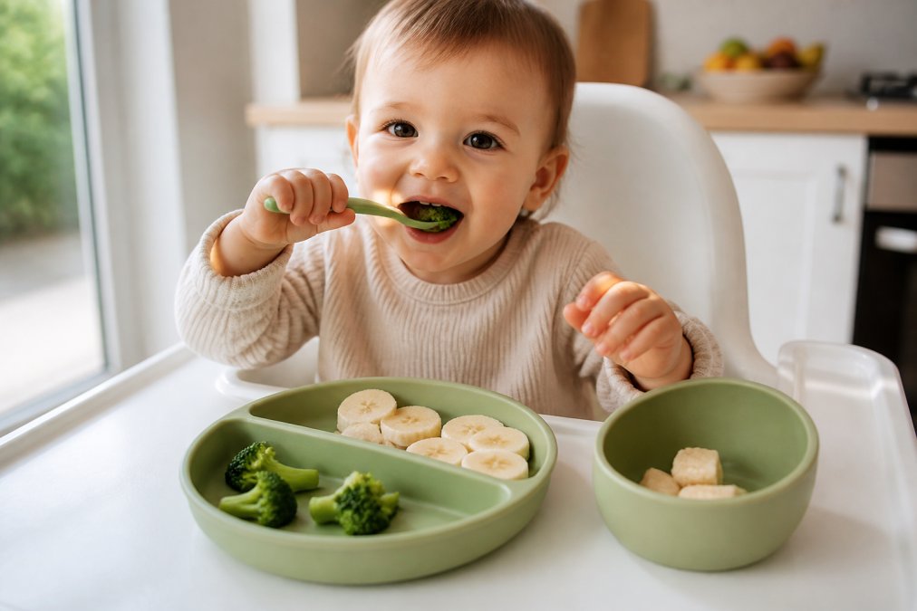 Toddler sitting in white highchair with colourful silicone plate, bowl, and spoon in front, happily self-feeding soft finger foods like banana and steamed broccoli, bright natural kitchen lighting