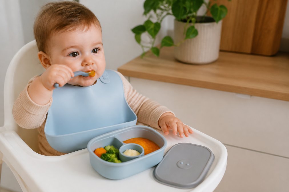 Close-up of a baby's small hand grasping a soft, colourful silicone spoon mid-bite, with a bowl of pureed vegetables visible on a high chair tray in natural kitchen lighting
