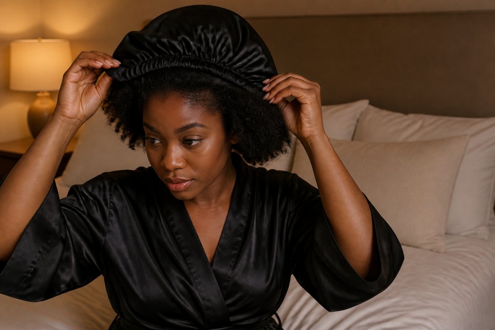 A Black woman with voluminous coily natural hair gently placing a deep black silk bonnet over her hair before bed, soft warm amber bedroom lighting, calm and intentional mood