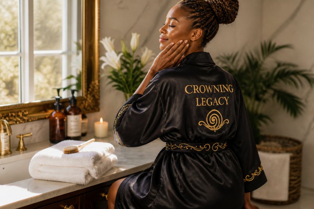 Woman in a luxurious mulberry silk robe, post-shower, touching her face gently with a peaceful expression, soft natural lighting from a window