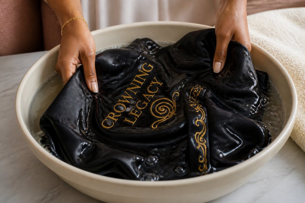Hands gently washing delicate silk fabric in cool water in a basin, showing careful handling technique with soft focus background