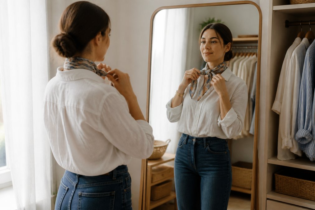Woman in a linen shirt tying a colorful silk scarf around her neck in front of a mirror with soft window light.