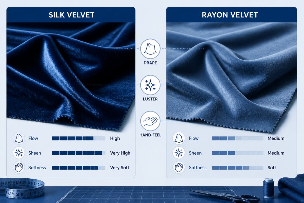 Comparison infographic showing the drape and luster of silk versus rayon velvet fabric swatches