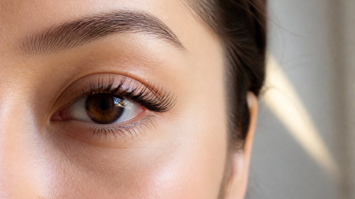 Woman's eye with natural-looking silk lash extensions applied, showing subtle curl and feathered texture in soft natural lighting from the side