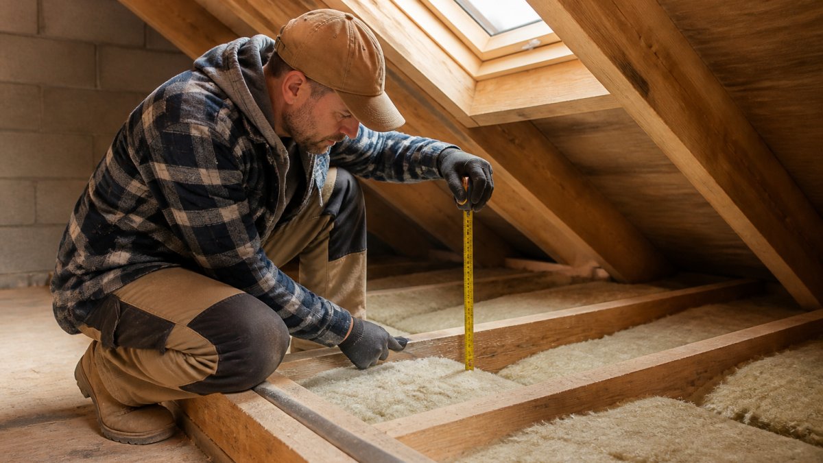 A technician in work clothes measuring wall insulation thickness with a tape measure inside an unfinished attic, daylight streaming through a roof window, exposed mineral wool between wooden beams