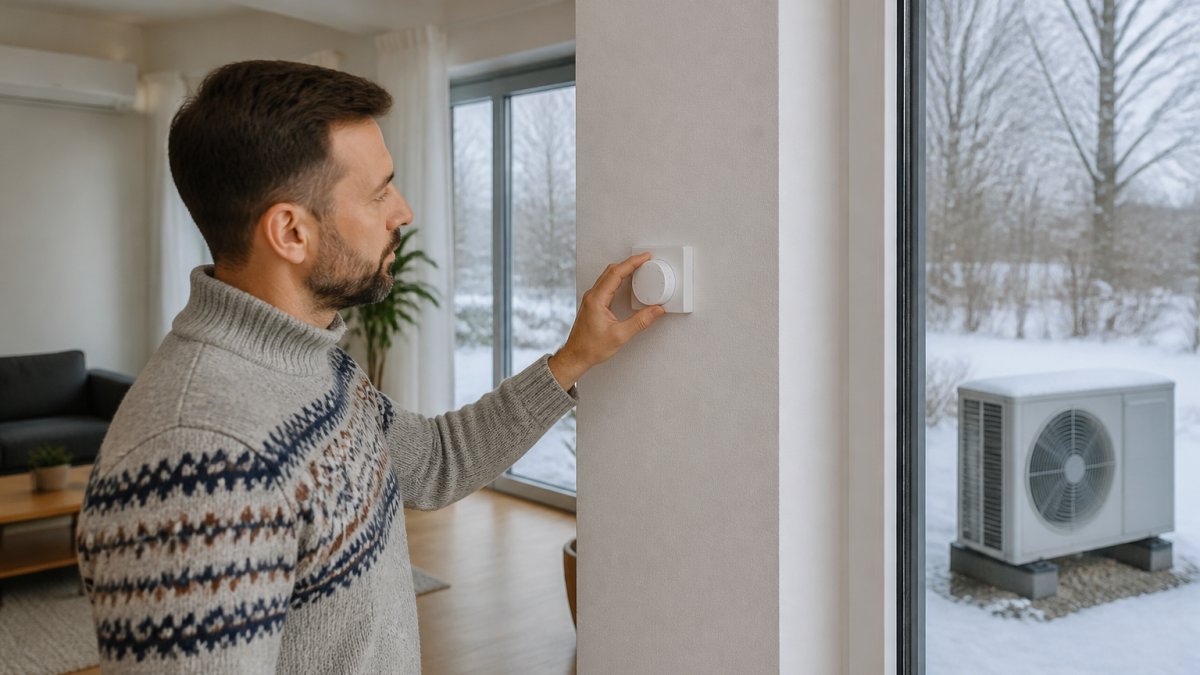A homeowner in a warm sweater adjusting a wall-mounted thermostat in a bright living room while snow is visible through the window