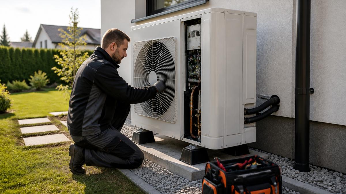 A modern air-to-water heat pump unit installed outside a residential house, with a technician in work clothes checking the control panel on a sunny day