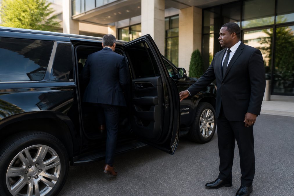 A professional chauffeur in a black suit standing beside a polished black luxury SUV outside a modern office building, holding the rear door open for a business executive