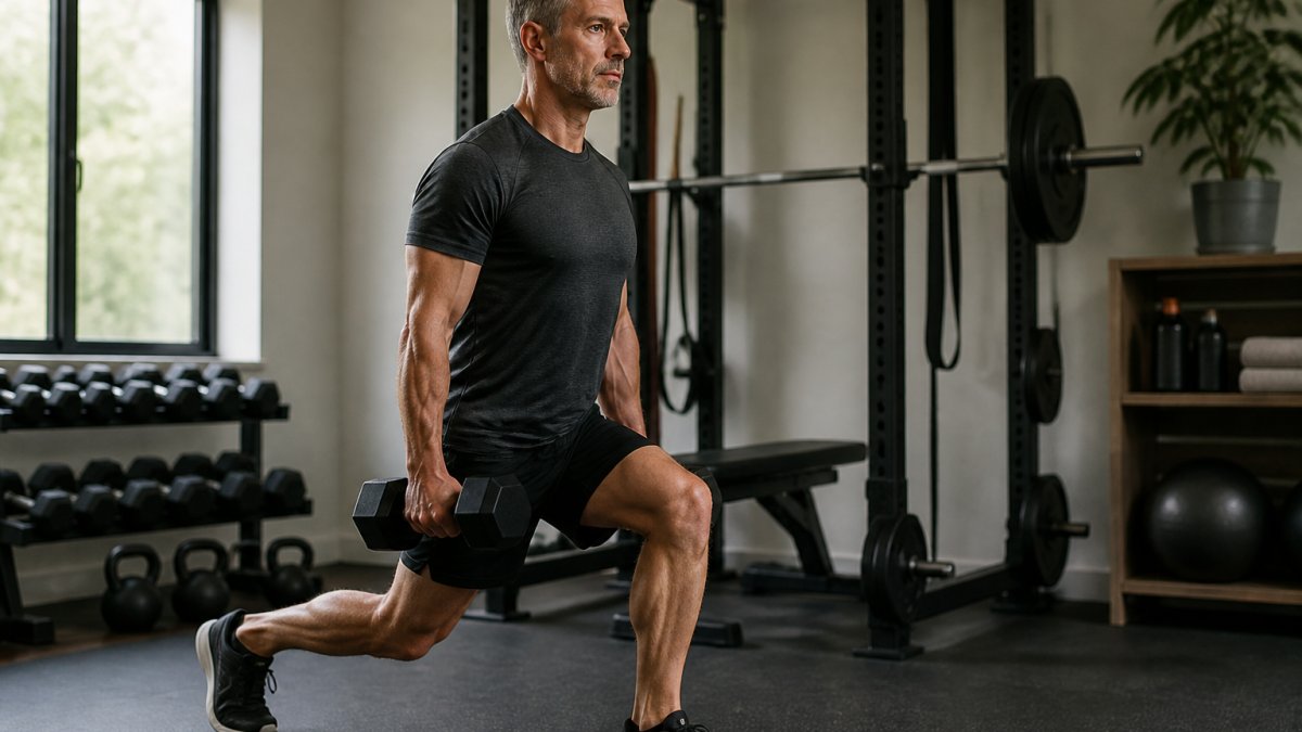 Step-by-step infographic showing proper strength training form with dumbbells for a longevity routine