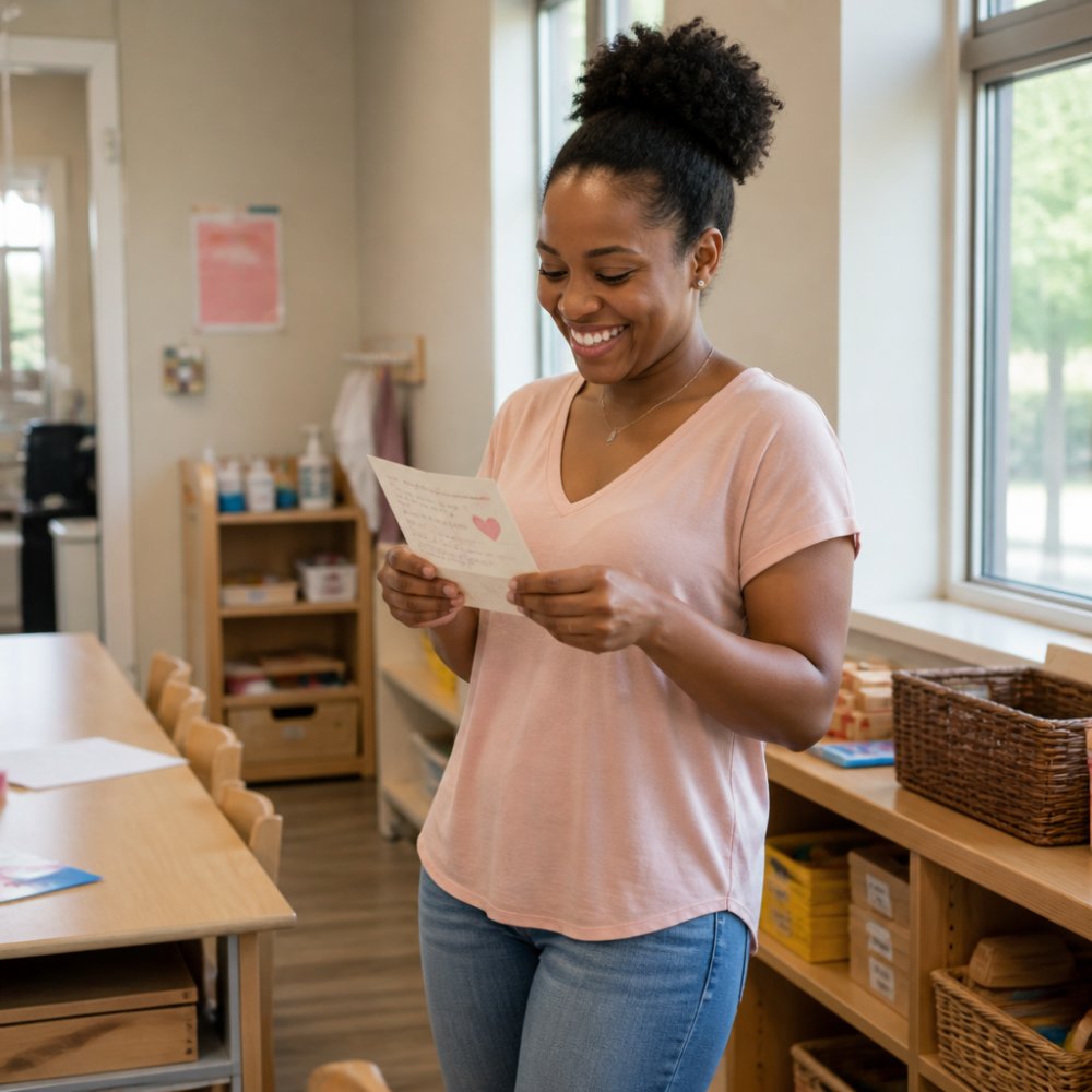 Childcare educator reading a handwritten thank-you note at their desk, smiling with genuine appreciation in warm natural light