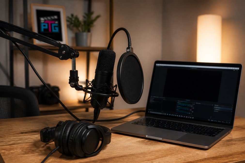 Solo streamer's desk setup showing USB condenser microphone mounted on boom arm with pop filter, closed-back headphones, and laptop displaying streaming interface with soft desk lighting