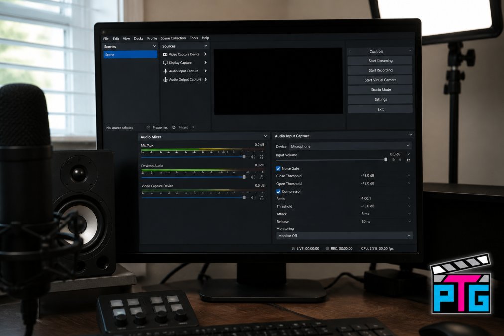 Computer monitor displaying OBS Studio interface with audio mixer section visible, showing microphone input fader, noise gate toggle, compressor settings, and monitoring levels in professional streaming setup