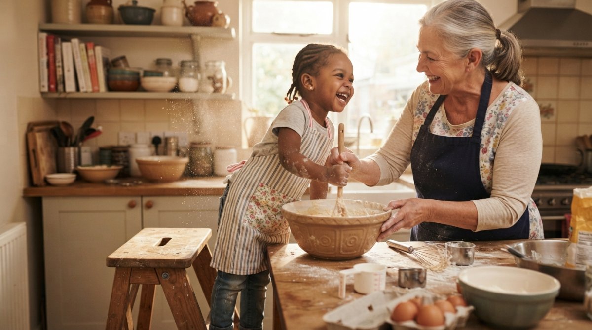 A young Black toddler standing on a sturdy step stool beside an older white woman, both gripping the same wooden spoon over a large ceramic mixing bowl, flour dust floating in warm afternoon kitchen light, both laughing