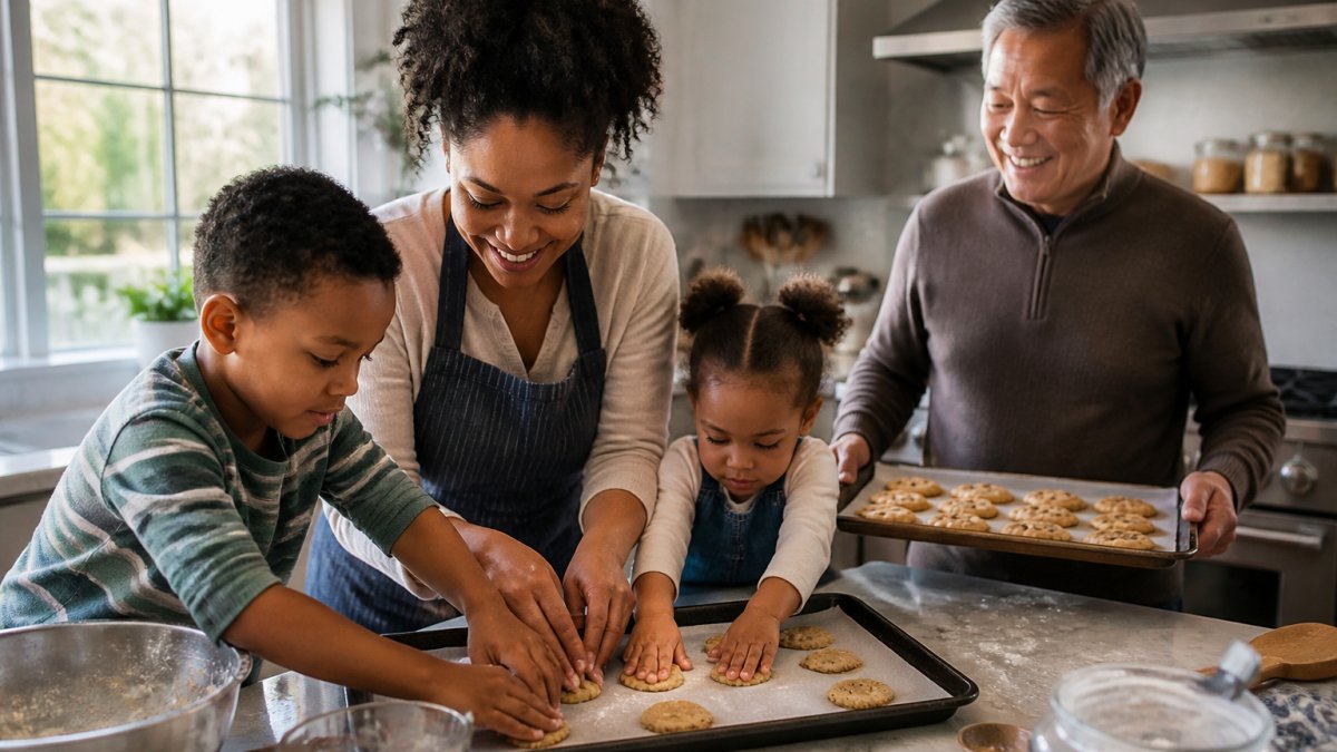 Warm home kitchen scene: a Black mother in her thirties and her two children, one around age 7 and one around age 4, pressing chocolate chip cookie dough onto a lined baking sheet. A grandfather of Asian descent stands nearby holding a tray of freshly baked cookies. Natural window light, flour-dusted counter, real hands and real crumbs, lifelike and not AI-generated looking.