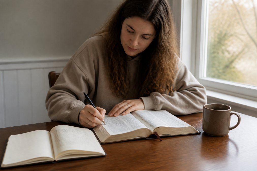A woman sitting at a wooden table with an open Bible, a journal, a pen, and a warm mug, writing notes in the margin during her morning quiet time