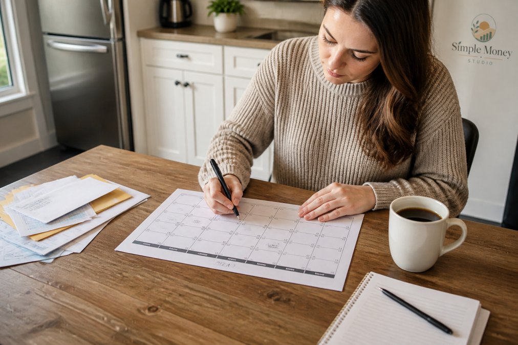 Person at a table filling out a printed bill payment calendar to organize monthly expenses with coffee and bills nearby.