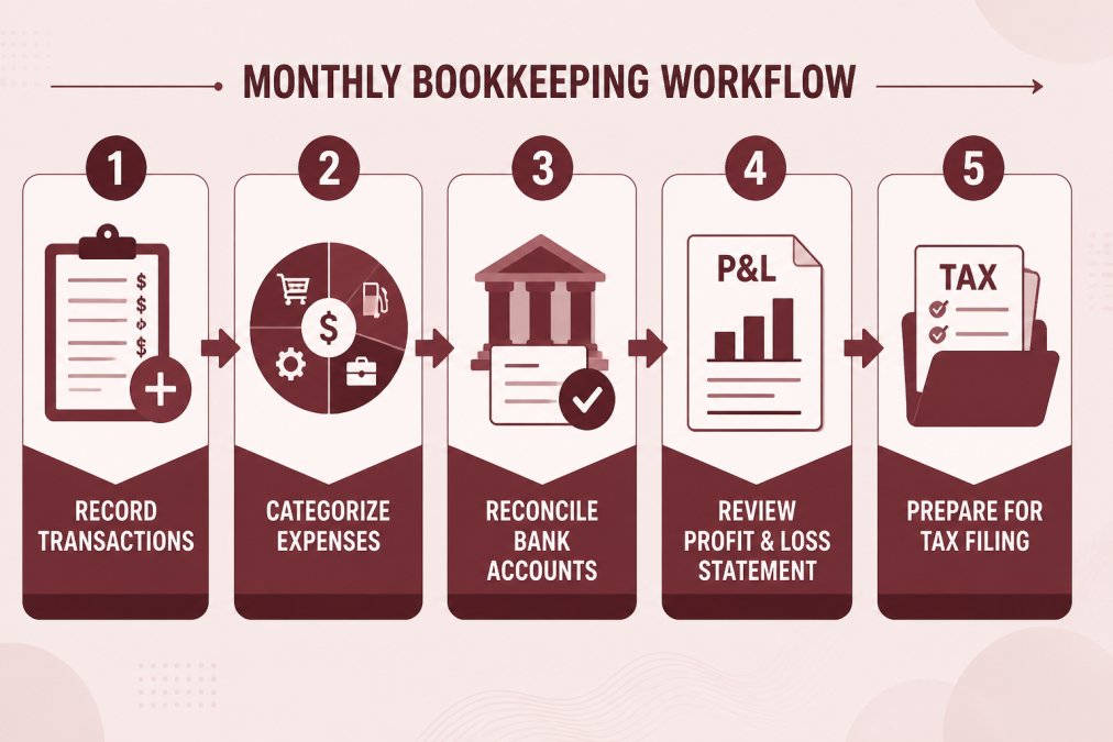 Flowchart showing monthly bookkeeping workflow: record transactions → categorize expenses → reconcile bank accounts → review profit and loss statement → prepare for tax filing