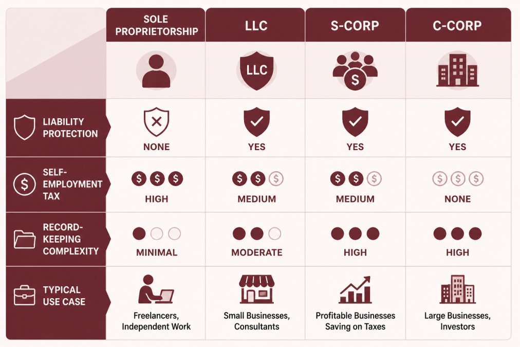 Comparison matrix showing business entity types (Sole Proprietorship, LLC, S-Corp, C-Corp) with columns for liability protection (none/yes/yes/yes), self-employment tax (high/medium/medium/none), record-keeping complexity (minimal/moderate/high/high), and typical use case