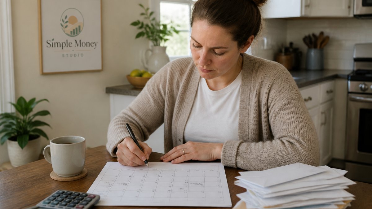 A person at a kitchen table writing bill due dates on a paper calendar, with a stack of envelopes, a calculator, and a coffee mug nearby