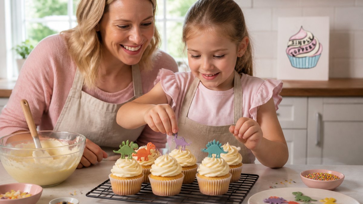 A mother and child in a bright kitchen decorating birthday cupcakes together, the child pressing colourful edible dinosaur toppers onto swirls of buttercream, baking tools and a bowl of sprinkles on the counter