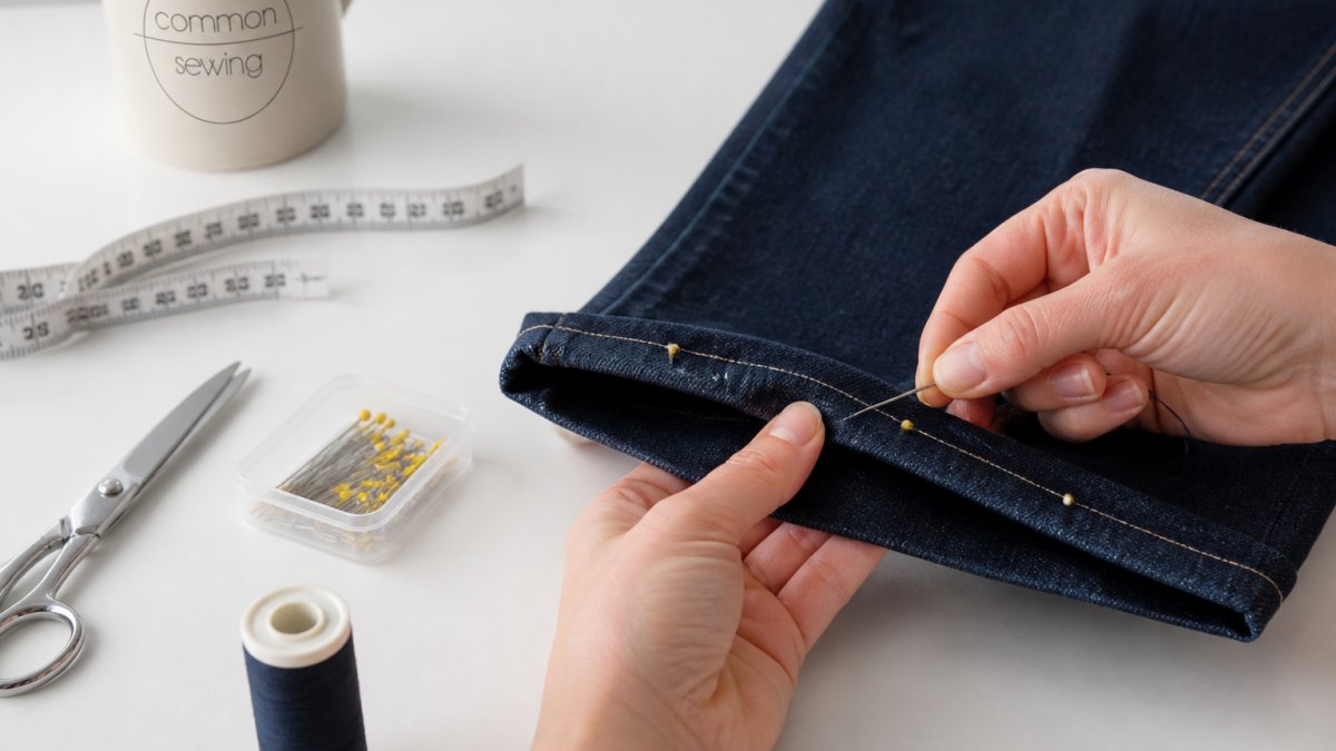 Close-up of hands performing a blind stitch on folded fabric of dark denim pants, with pins securing the hem and a measuring tape visible on white surface