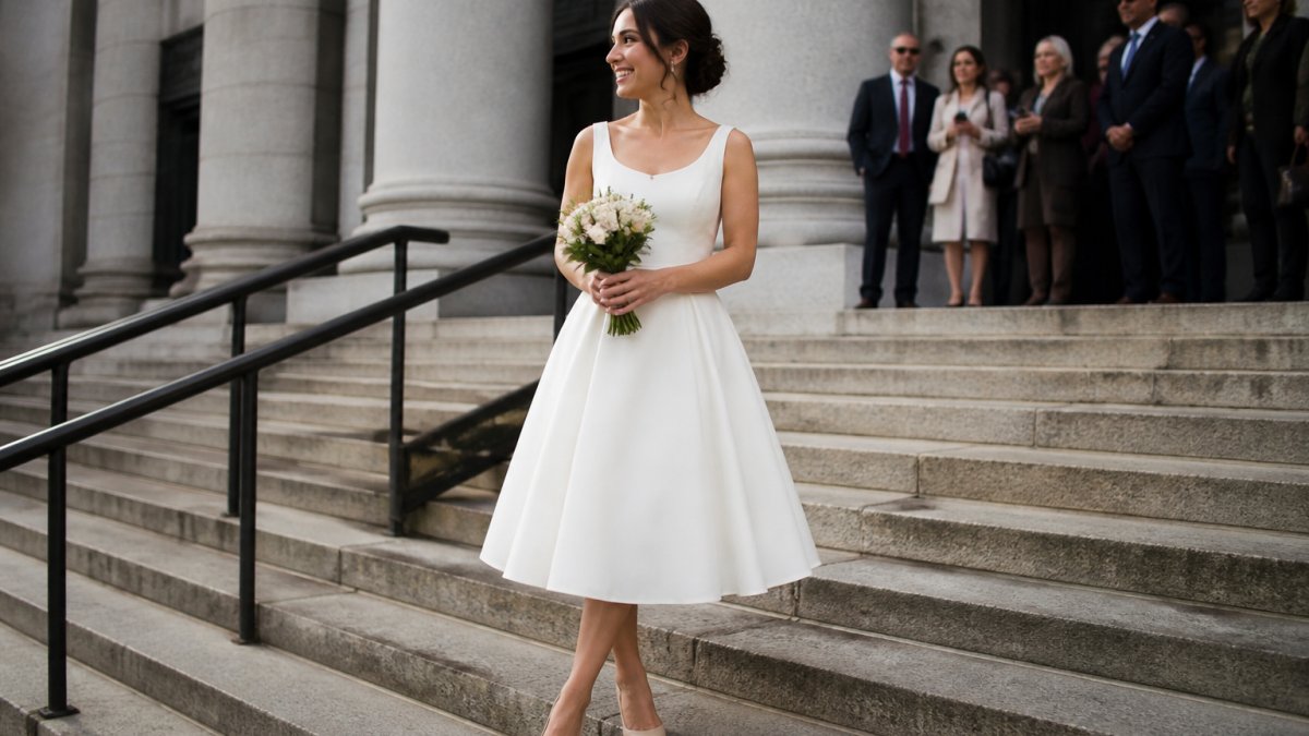 Bride in a midi-length off-white circle skirt dress standing on city hall steps with a bouquet and wedding guests
