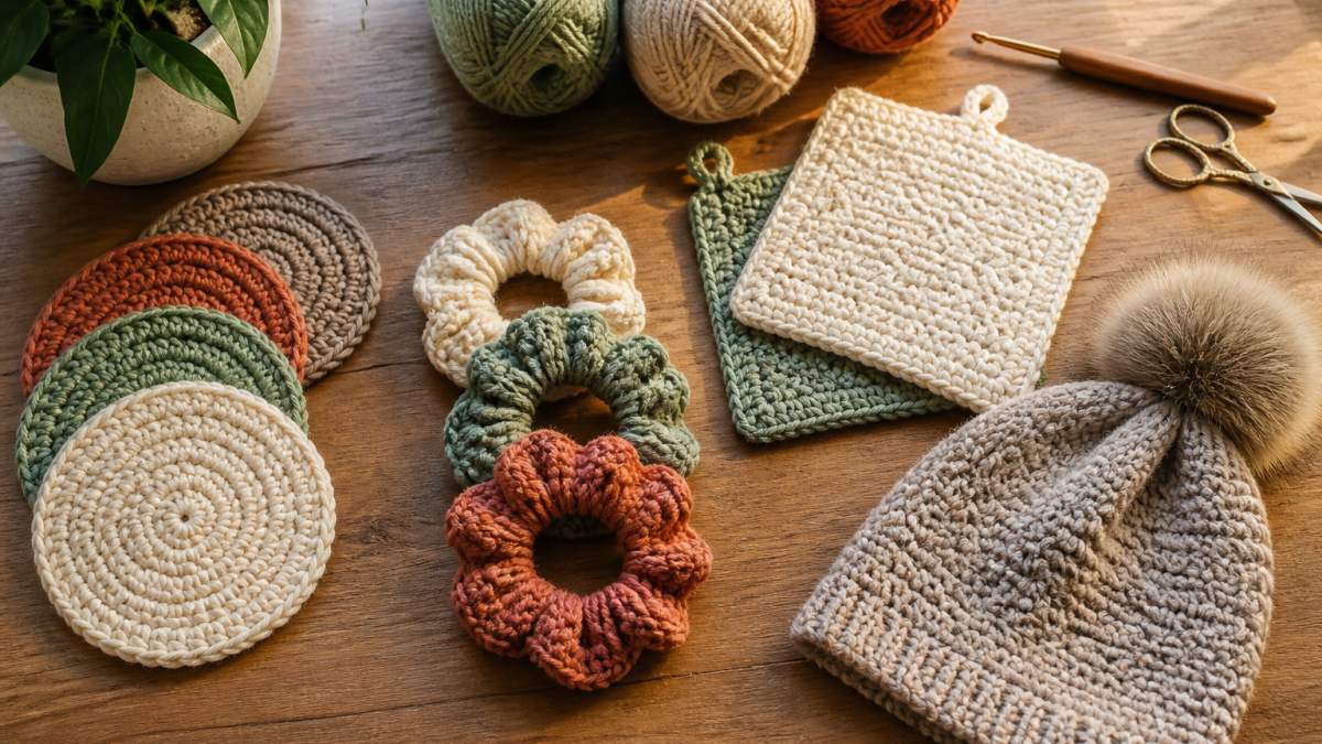 Flat lay of finished small crochet gifts including coasters, scrunchies, potholders, and a small beanie arranged on a wooden table with yarn, a crochet hook, and natural lighting