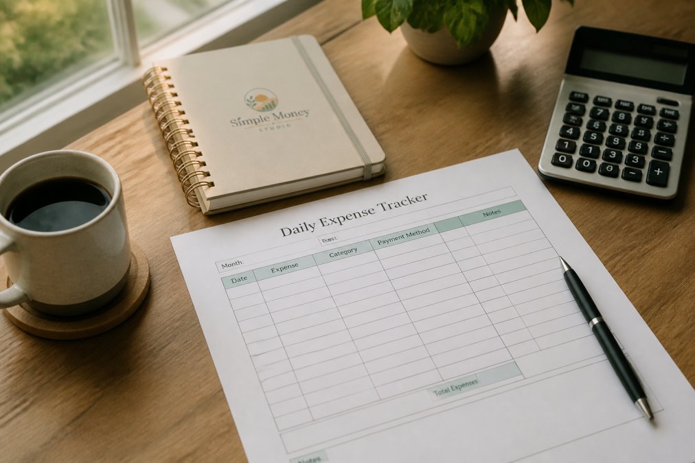Printed daily expense tracker on a wooden desk with a pen and coffee