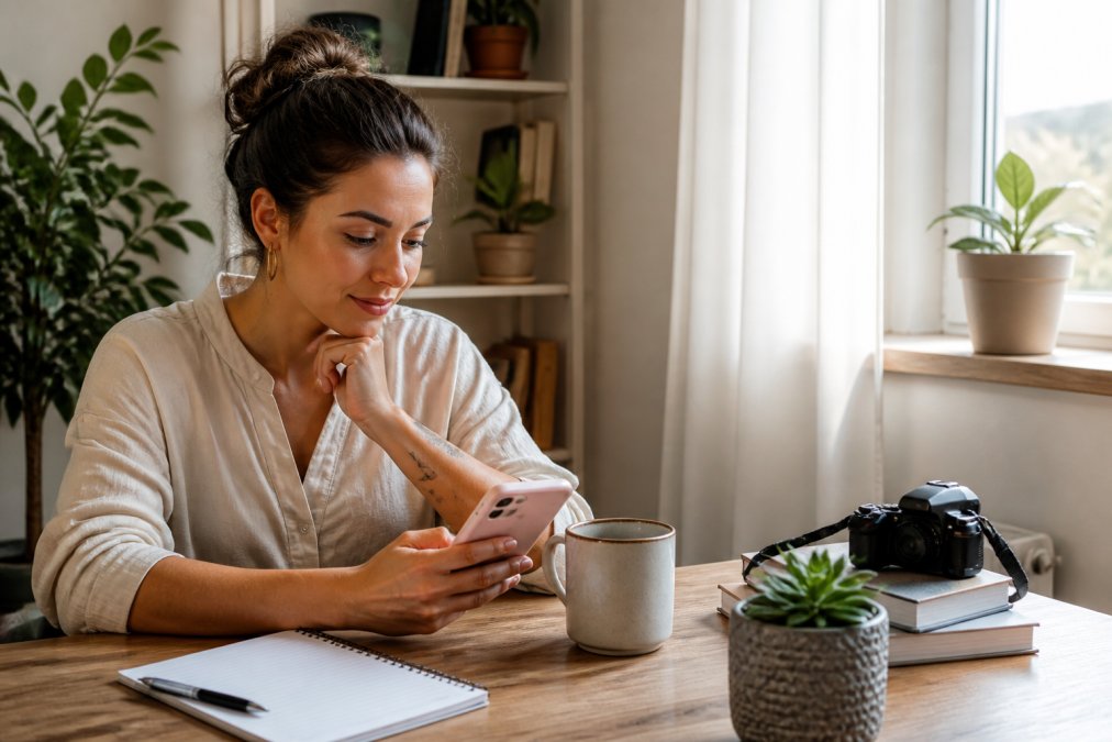 Woman at her desk with smartphone in hand, checking Instagram notifications and engagement metrics, bright morning light from window, notepad with checklist visible nearby