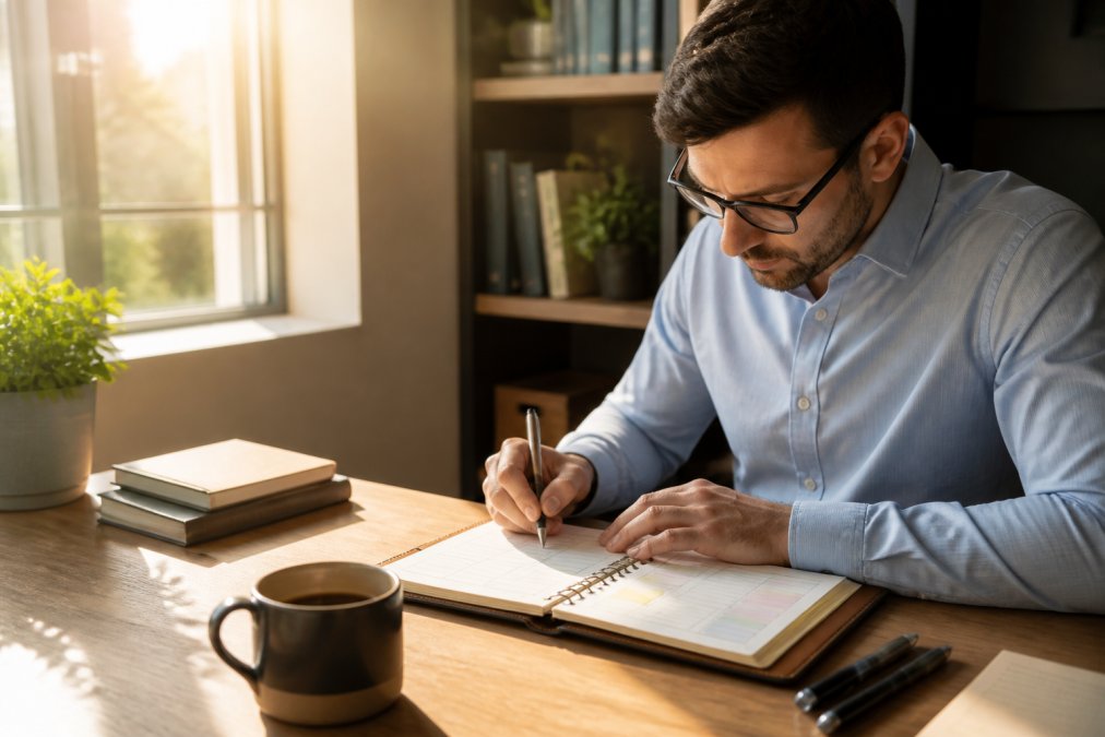 Professional working at desk with planner and coffee, morning sunlight streaming through window, focused on scheduling and task organisation