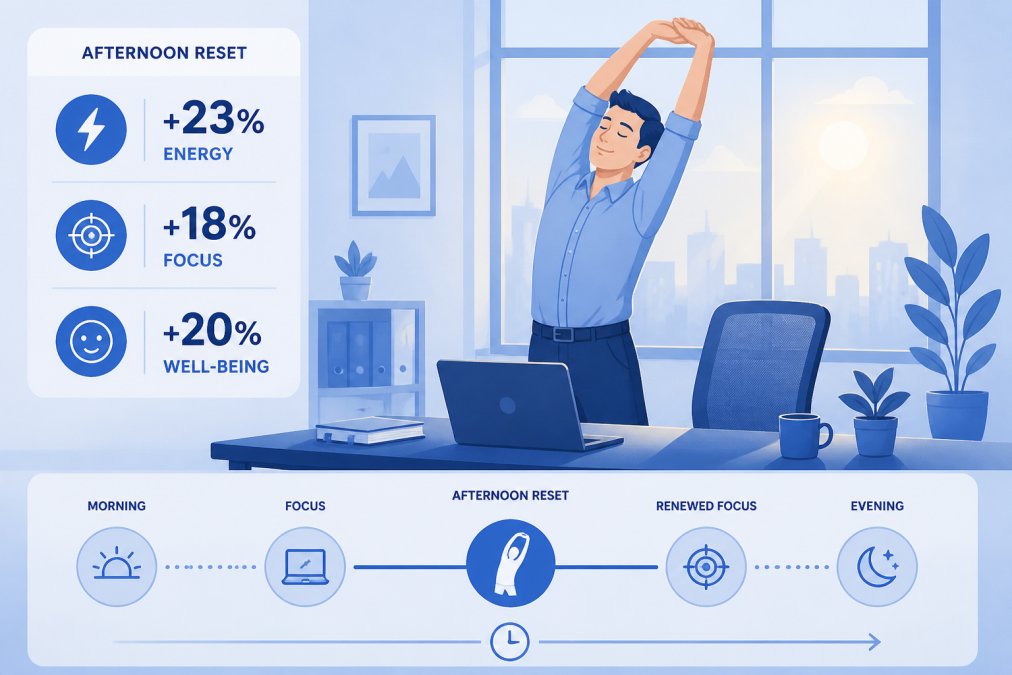 Professional stretching at workspace with natural energy and focus, afternoon light through window, showing workday transition and well-being movement