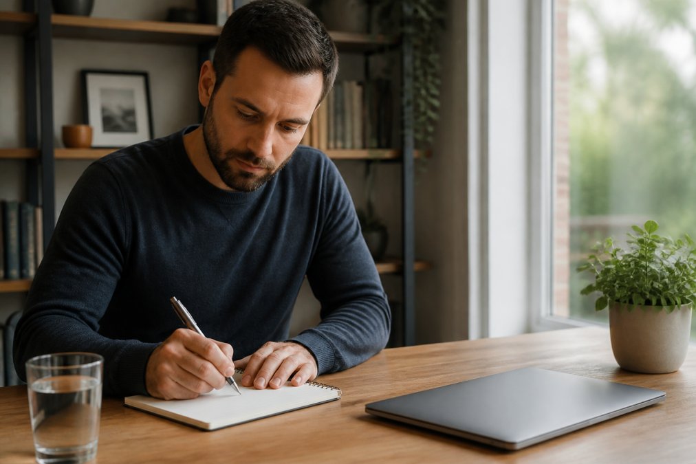 A professional in a home office writing a short morning routine on a notepad beside a glass of water and a laptop, soft natural light through a window