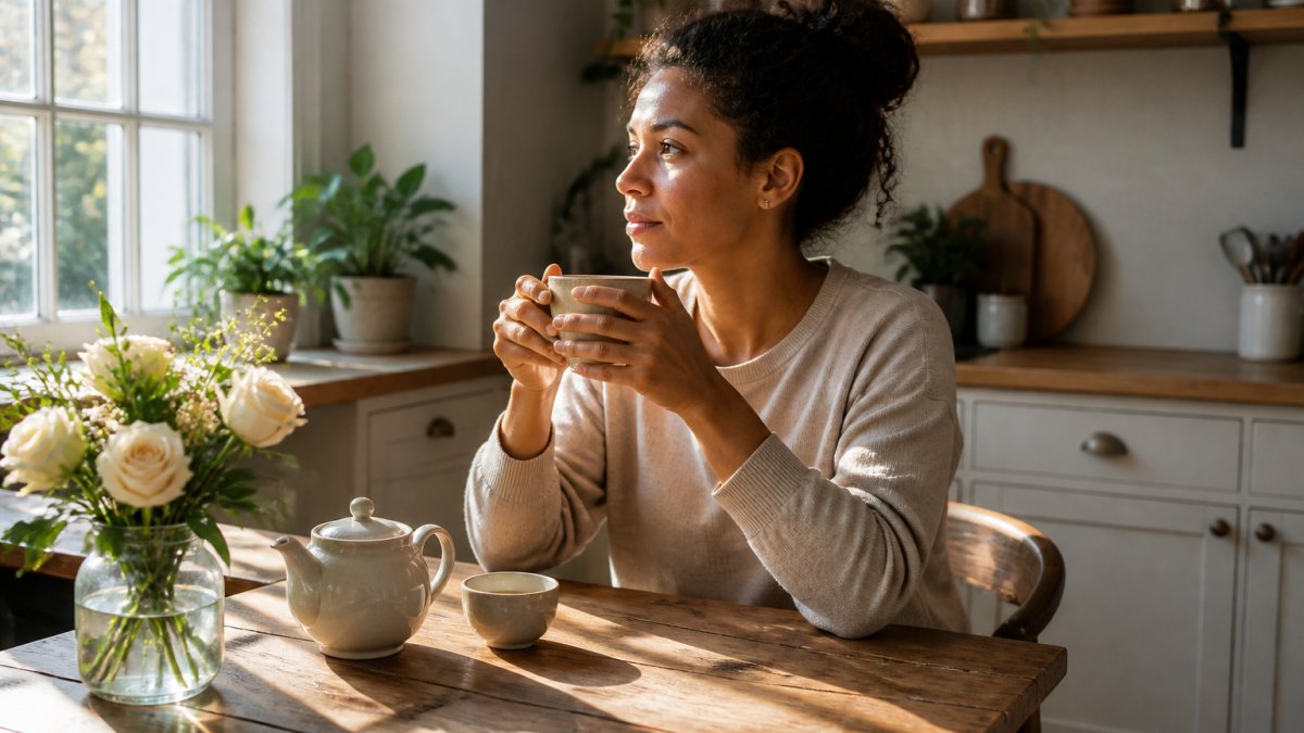 A person in comfortable clothes sitting at a sunlit kitchen table, holding a warm mug of tea with a teapot and small teacup nearby, looking calm and unhurried before the day starts