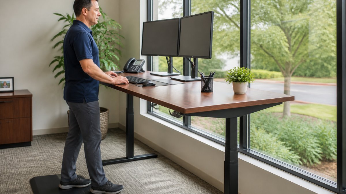 Professional demonstrating proper ergonomic desk setup for neutral spine with feet flat on floor, knees at 90 degrees, monitor at eye level, and shoulders relaxed in modern office setting