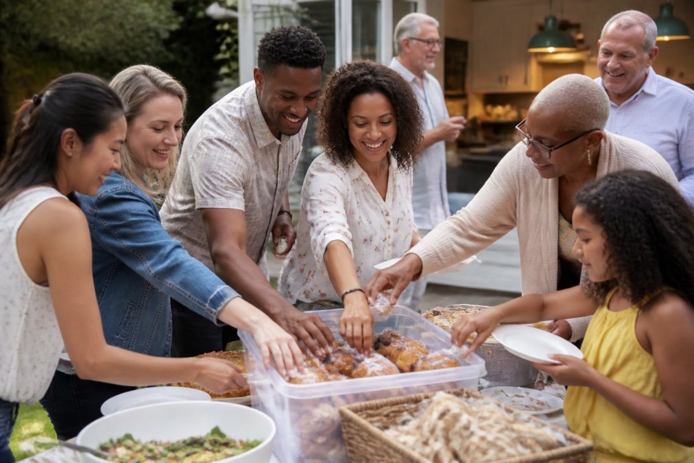 A diverse group of people of mixed races, ages, and genders at an outdoor potluck table, smiling and reaching for individually wrapped teacakes and cookies from a storage container, warm natural lighting with a home kitchen visible in the background, candid and lifelike