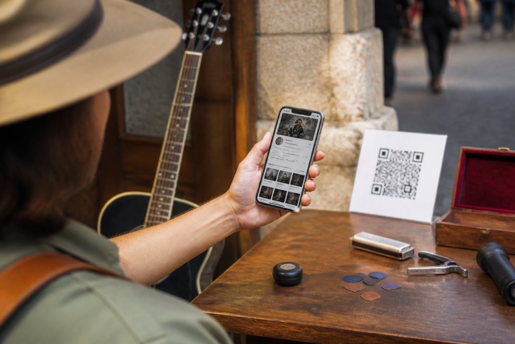 Illustration of a street musician showing an artist profile on a smartphone beside a QR display