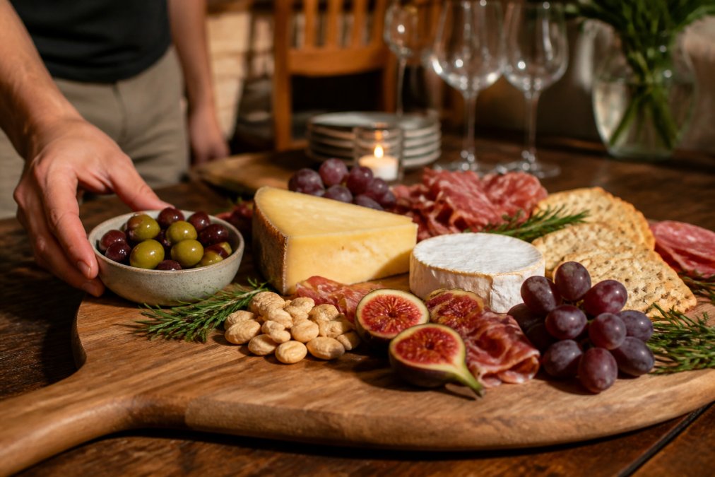 A beautifully arranged charcuterie board with aged cheddar, creamy brie, cured meats, fresh grapes, figs, marcona almonds, and quality crackers on a timber surface, with a host's hand placing a small ceramic bowl of olives nearby, warm dining room lighting in background