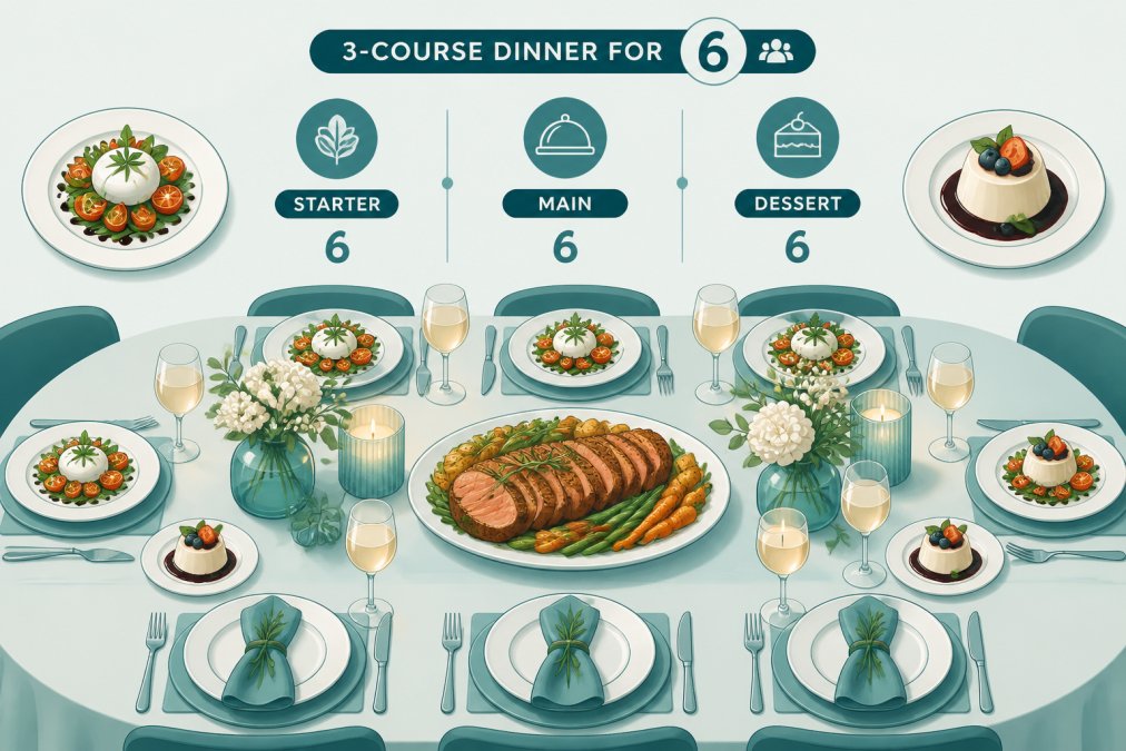 Elegantly plated three-course dinner spread on a dining table, with appetiser plates, main course with seasonal vegetables, and dessert with wine glasses and soft candlelight, place settings with fresh flowers