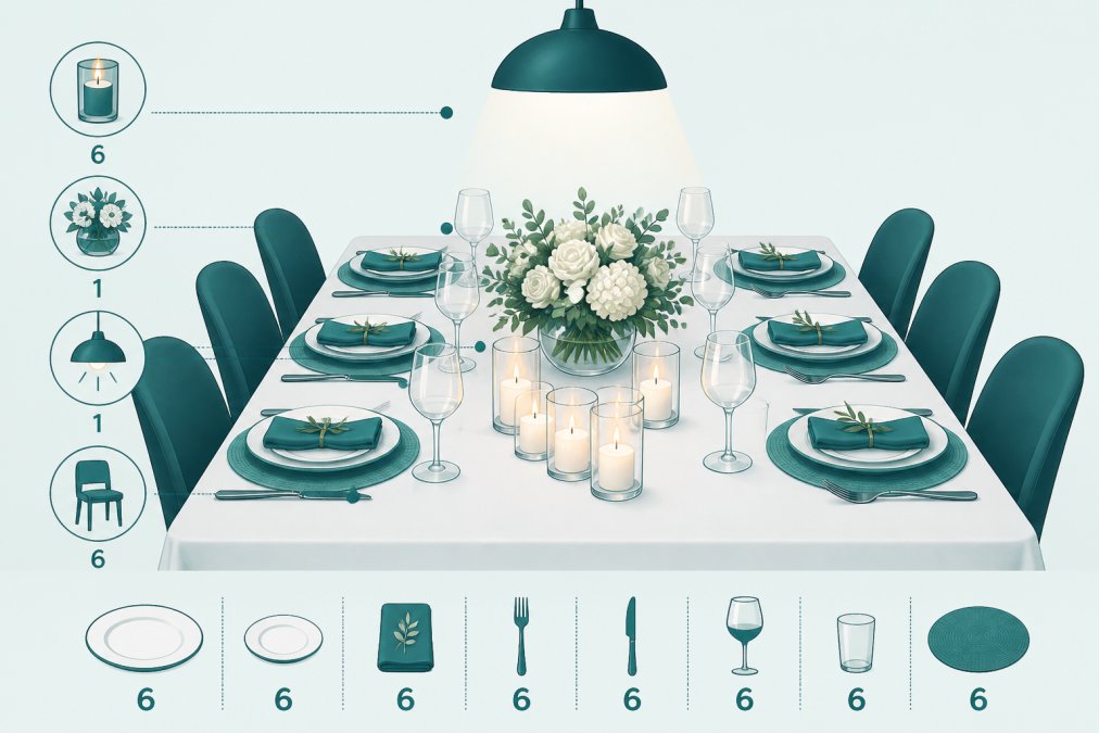 Beautifully styled dinner table for six with simple white linens, lit candles in clear glass holders, fresh flowers in a low centrepiece, place settings with folded napkins and wine glasses, warm soft lighting from above