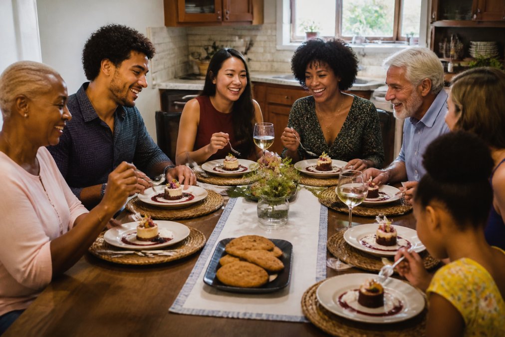 Close-up overhead shot of three elegantly plated desserts on white plates, showing a chocolate ganache tart with raspberries and mint, a vanilla custard with berry coulis and candied citrus, and a caramel tart with toasted nuts, diverse hands of different ages and skin tones plating and arranging garnishes in a home kitchen, natural window lighting