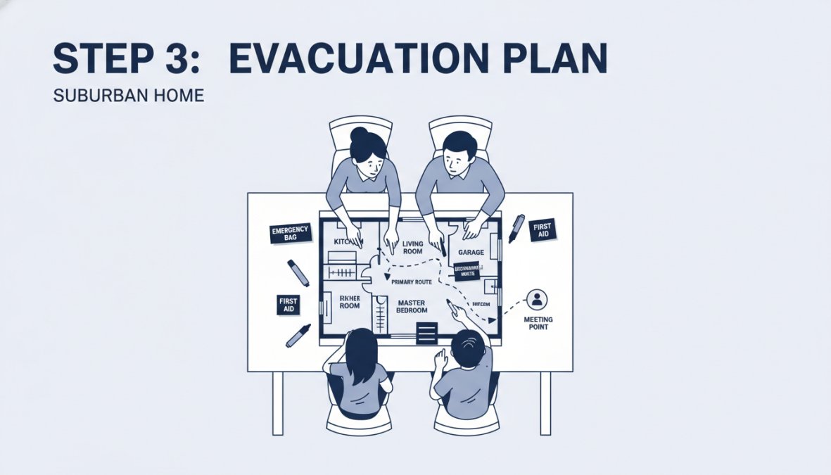 Family reviewing a printed floor plan and evacuation route map at their kitchen table, with highlighters and notes visible