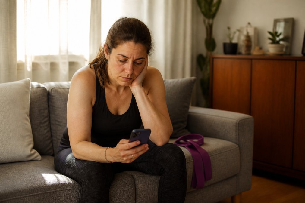 A woman in her mid-forties sitting on the edge of a sofa in a living room, resistance band beside her, looking at her phone with a tired expression, soft morning light through curtains
