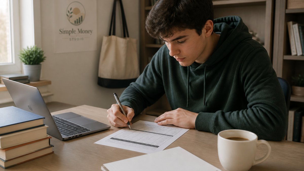College student sitting at a desk filling out a printed budget worksheet with a pen and laptop nearby